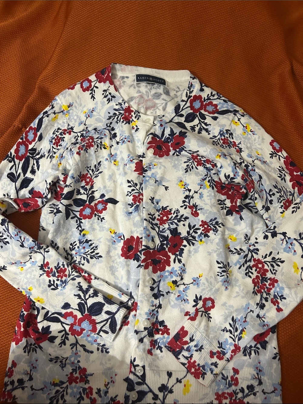 Karen Scott White Floral Cardigan with Red, Navy & Yellow Blooms
